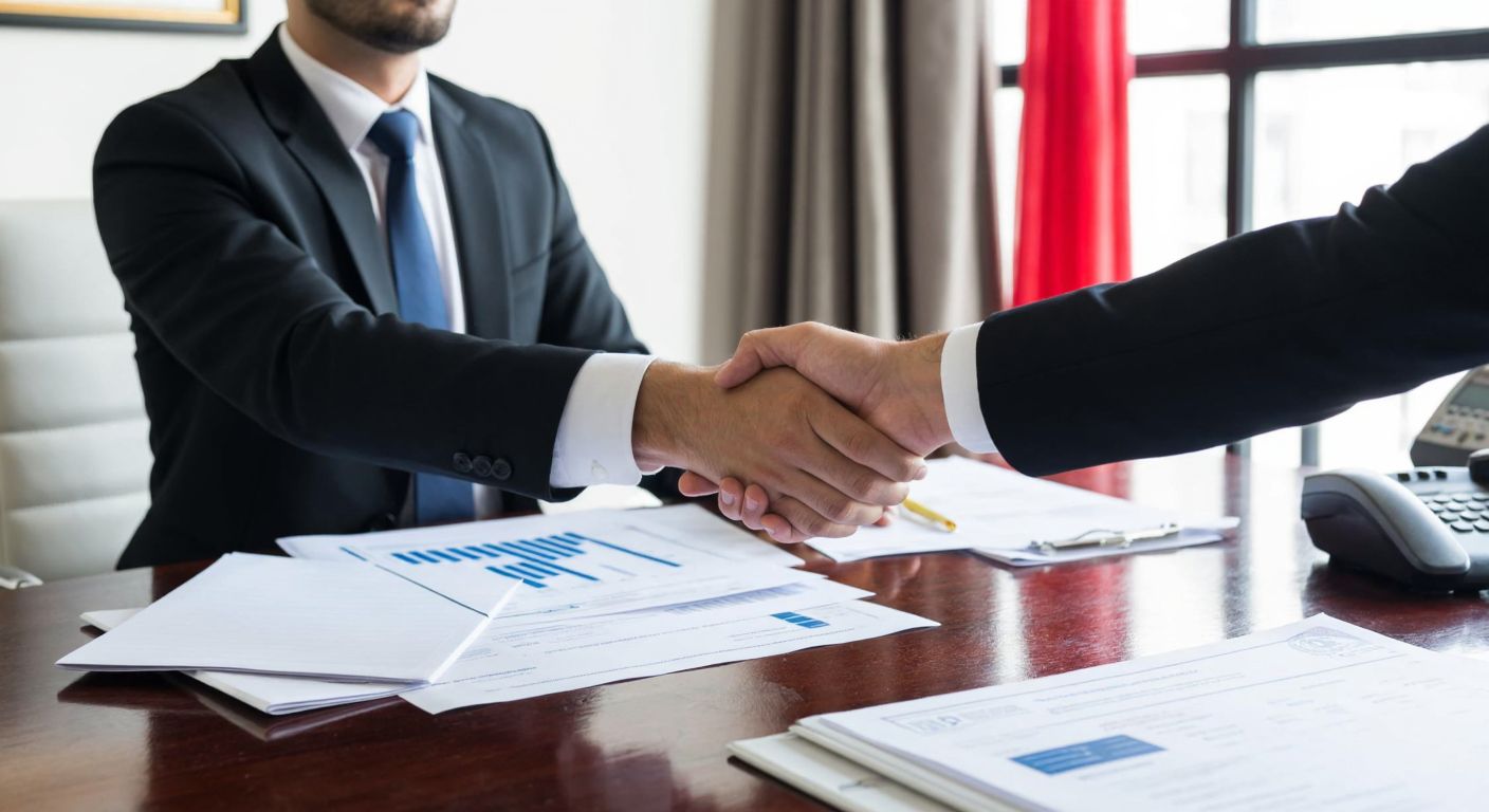 A Turkish business owner in a formal office setting shakes hands with a contractor over a table covered with invoices and official documents, symbolizing the completion of a goods purchase transaction.
