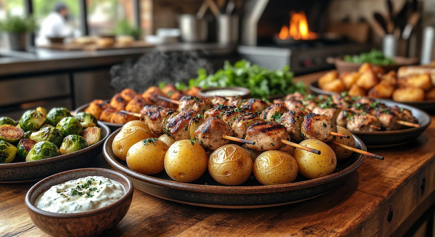 A rustic wooden table in a cozy Turkish kitchen holds a steaming plate of golden baby potatoes, surrounded by grilled chicken skewers, roasted Brussels sprouts, and a small bowl of garlic yogurt dip, with warm light casting a welcoming glow.