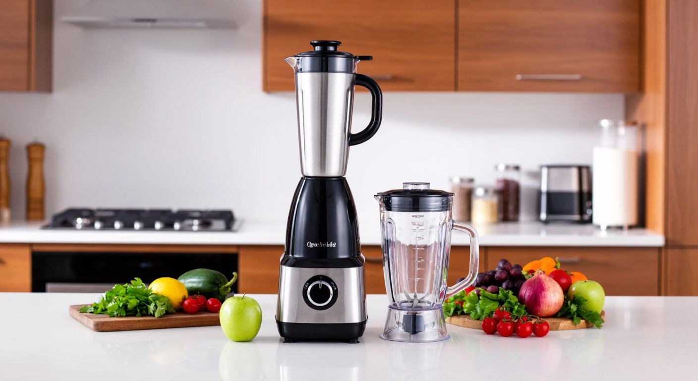 A sleek chrome blender set with a modern design, placed on a clean kitchen counter in a Turkish home, surrounded by fresh fruits and vegetables.