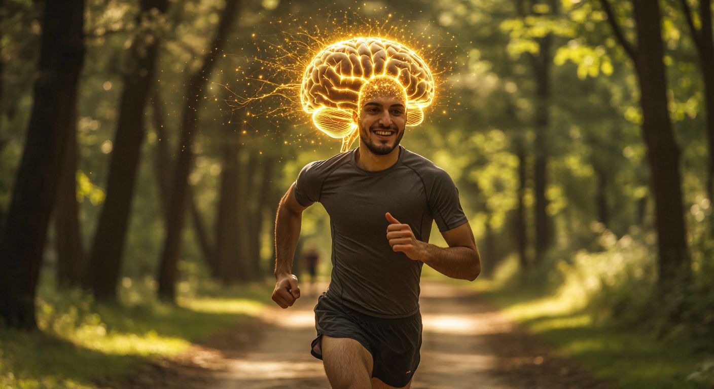 A vibrant Turkish runner with a determined smile jogs along a sunlit forest path, their glowing brain illuminated with golden neural connections symbolizing enhanced cognitive function.