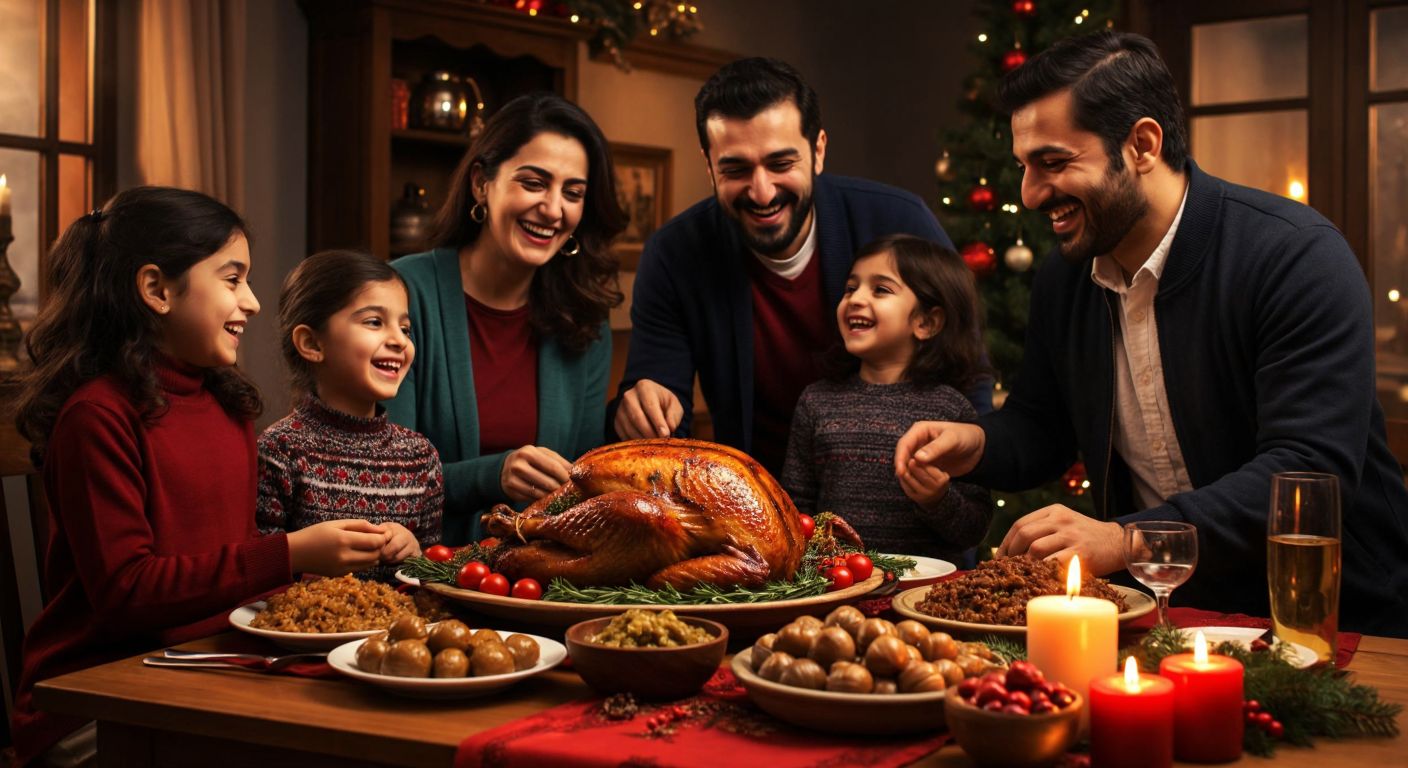 A cheerful Turkish family gathers around a festive table adorned with a golden-brown half turkey, kestaneli iç pilav, assorted mezze, and gravy, set against the warm glow of a cozy home during New Year's celebrations.