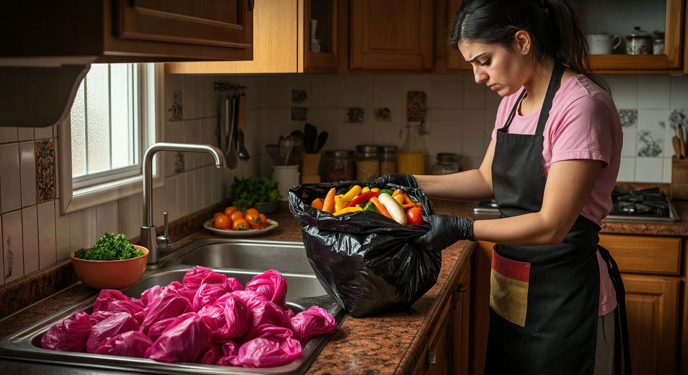 A Turkish kitchen with a black Florex trash bag half-filled with vegetable peels and a scented pink one tied neatly under the sink, while a person in an apron inspects its sturdiness with a slight frown.