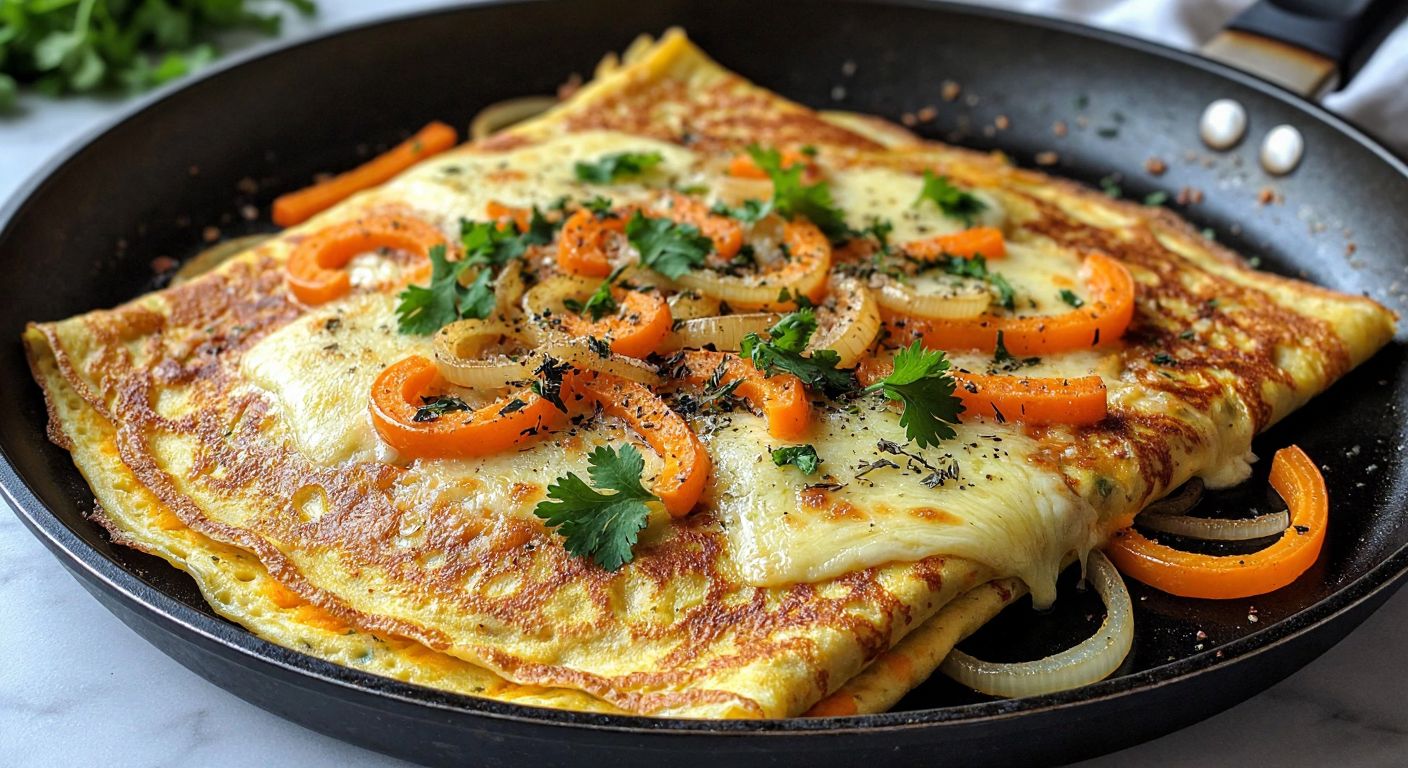 A warm, golden-brown leek crepe sizzling on a pan, filled with sautéed onions, grated carrots, and melted kaşar cheese, garnished with fresh herbs like thyme and cilantro, evoking the comforting aroma of a Turkish home kitchen.