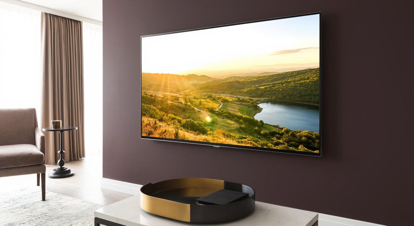 A sleek, frameless glass panel displaying a vibrant landscape photograph, mounted on a modern living room wall with warm Turkish decor in the background.