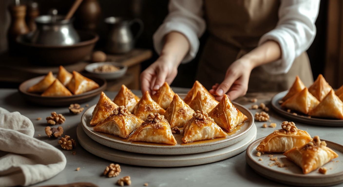 A warm Turkish kitchen with golden-brown muska pastries arranged on a ceramic plate, drizzled with syrup and sprinkled with crushed walnuts, while a pair of hands carefully folds fresh yufka dough into triangular shapes.