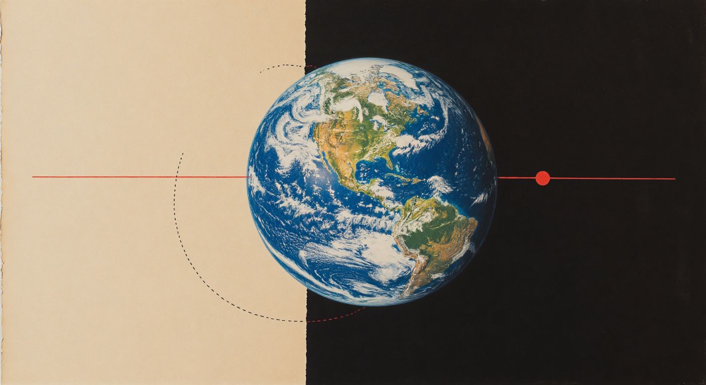 A straight line drawn between two dots on a flat paper sheet, contrasted with a curved path connecting two points on a globe of Earth.