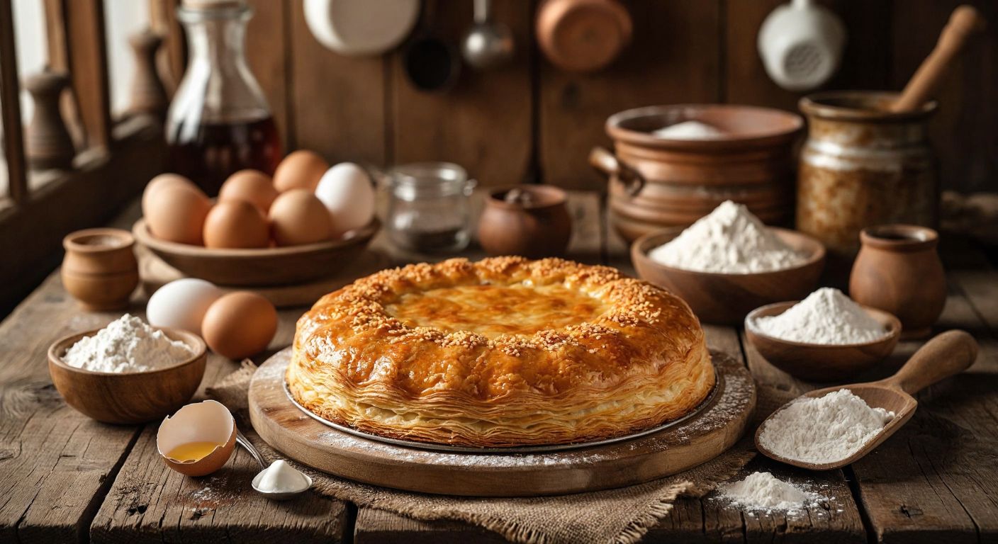 A golden-brown **Ata Dede Pastası** sits on a rustic wooden table, surrounded by fresh ingredients like eggs, yogurt, sugar, and flour, with a warm Turkish kitchen in the background.