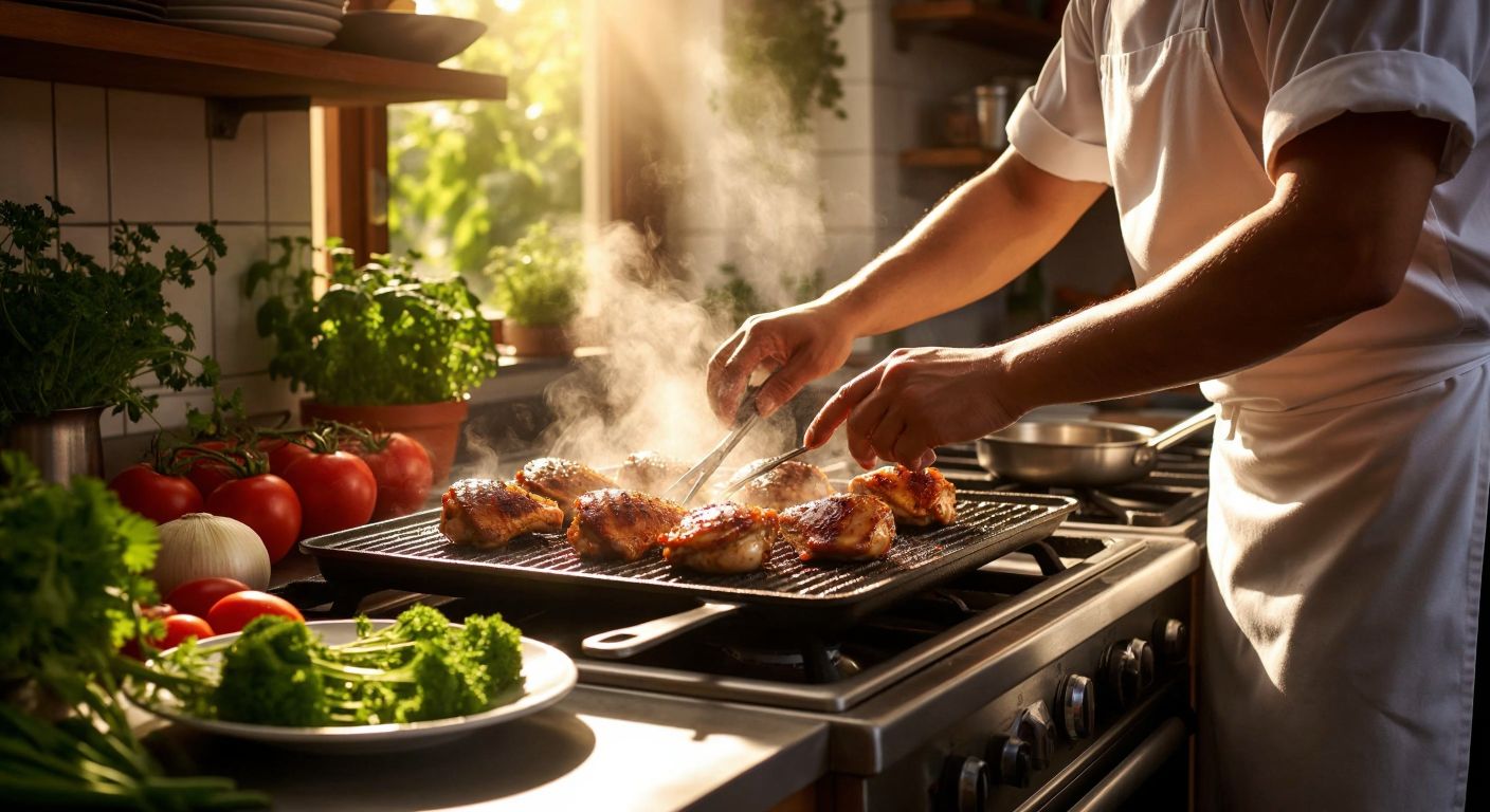 A Turkish chef in a sunlit kitchen carefully grills golden chicken pieces on a clean stovetop while wiping a wooden cutting board with a soapy sponge, surrounded by fresh vegetables and herbs.