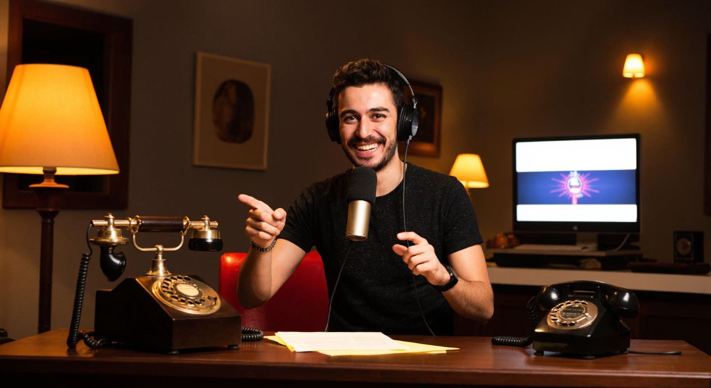 A cheerful Turkish radio host in a cozy studio with warm lighting, holding a microphone and smiling while gesturing toward an old-fashioned rotary telephone and a glowing computer screen.