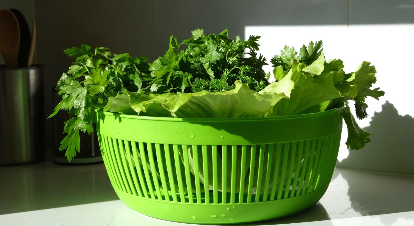 A vibrant green plastic salad spinner filled with fresh parsley and lettuce sits on a sunlit kitchen counter in Turkey, with droplets of water glistening on the leaves as they spin.