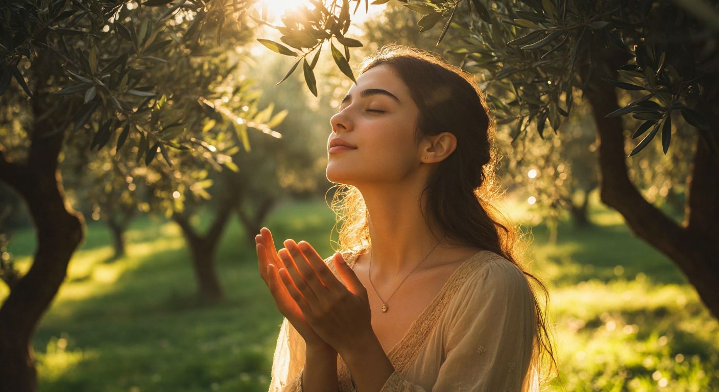 A serene Turkish woman in a sunlit garden, eyes closed with a soft smile, hands gently raised as golden light filters through olive trees, evoking calm and hopeful introspection.