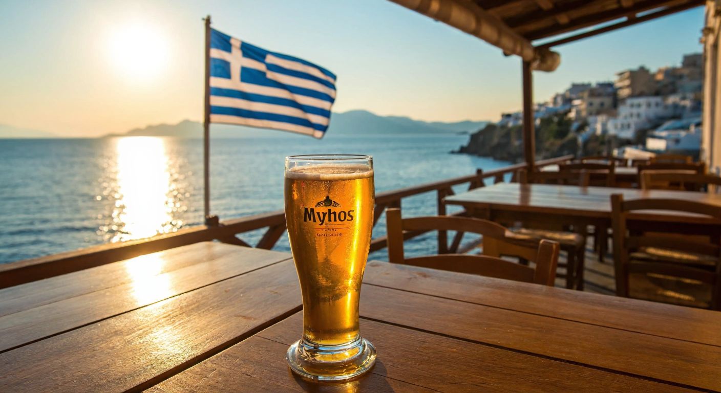A golden glass of Mythos beer resting on a sunlit wooden taverna table overlooking the Aegean Sea, with a Greek flag fluttering in the background.