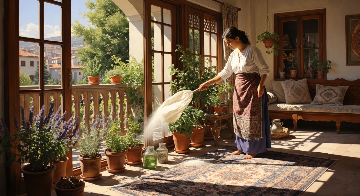 A sunlit Turkish living room with a rolled-up carpet hanging over a balcony railing, surrounded by small pots of lavender and mint, while a woman in a traditional apron sprinkles diatomaceous earth near the carpet's edge.