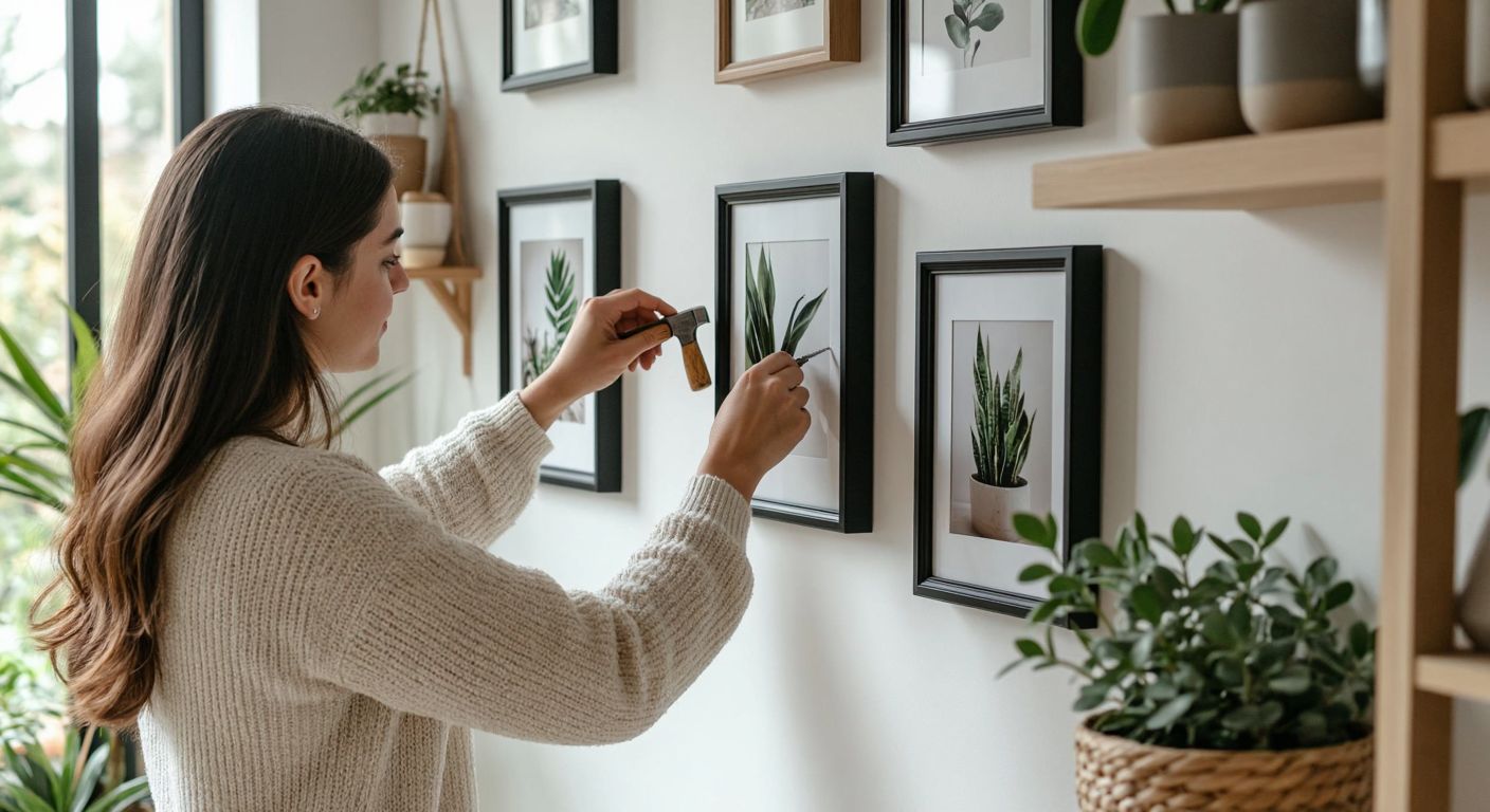 A person in a cozy Turkish home carefully hanging a plastic photo frame on a white wall using a small hammer and nails, with a neatly arranged row of similar frames nearby.