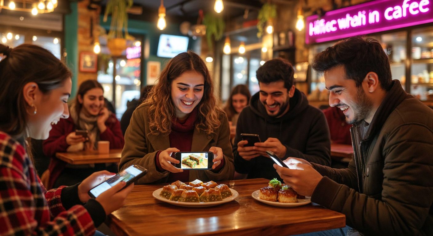 A vibrant Turkish café scene where a young content creator shares a colorful plate of baklava on a smartphone screen, surrounded by engaged friends laughing and typing excitedly on their own devices.