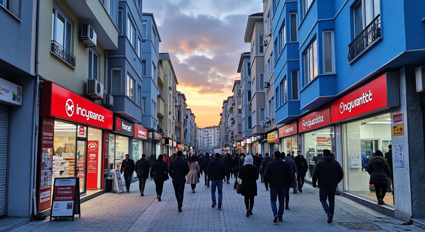 A bustling street in İncirtepe, Esenyurt, with storefronts displaying insurance and courier logos, people walking in and out of small offices, and a vibrant urban atmosphere under a bright Istanbul sky.