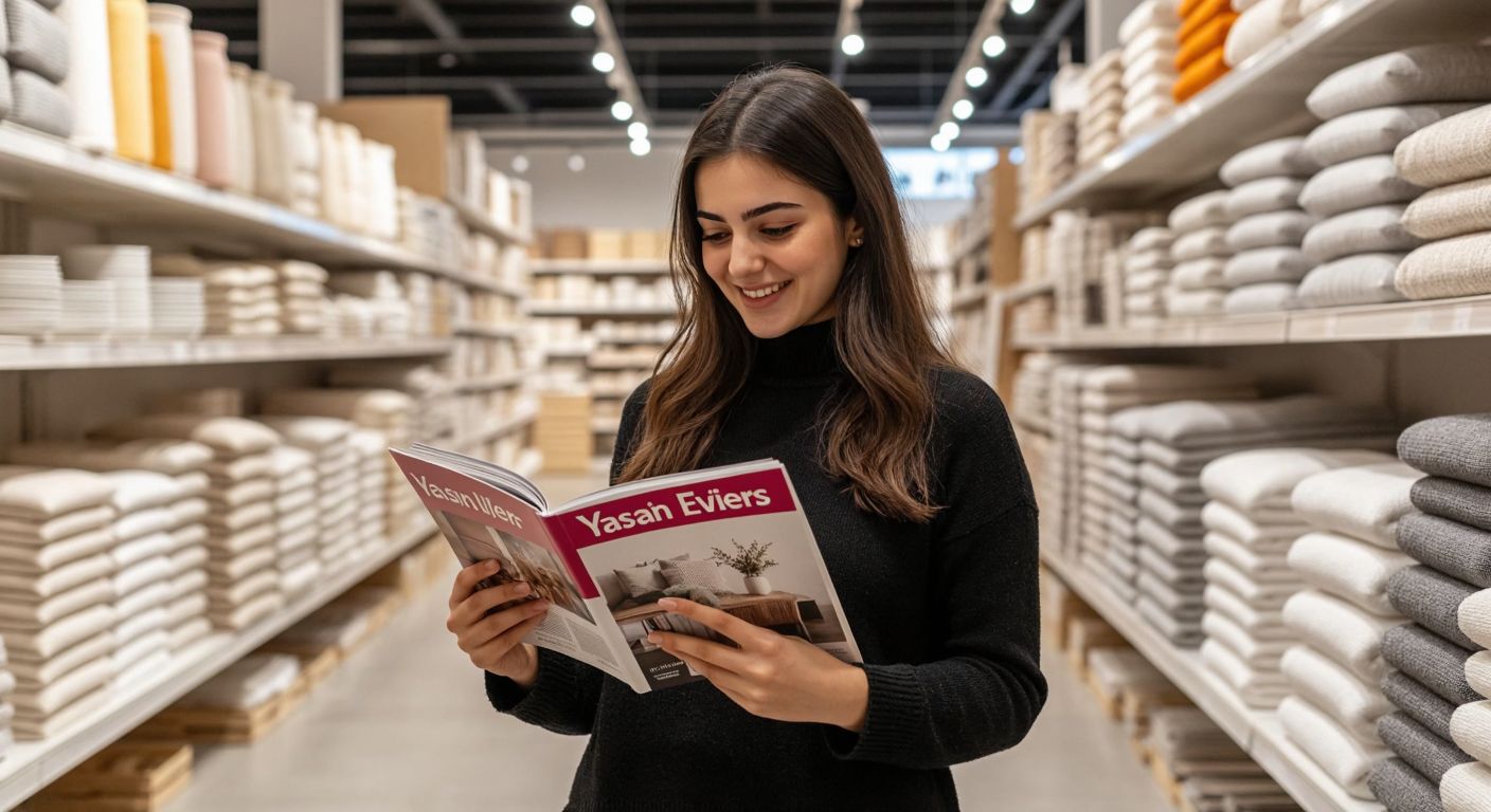 A well-lit Koçtaş store aisle with neatly stacked home decor items, where a smiling Turkish woman in casual attire holds a glossy "Yaşayan Evler" magazine while browsing through its colorful pages.