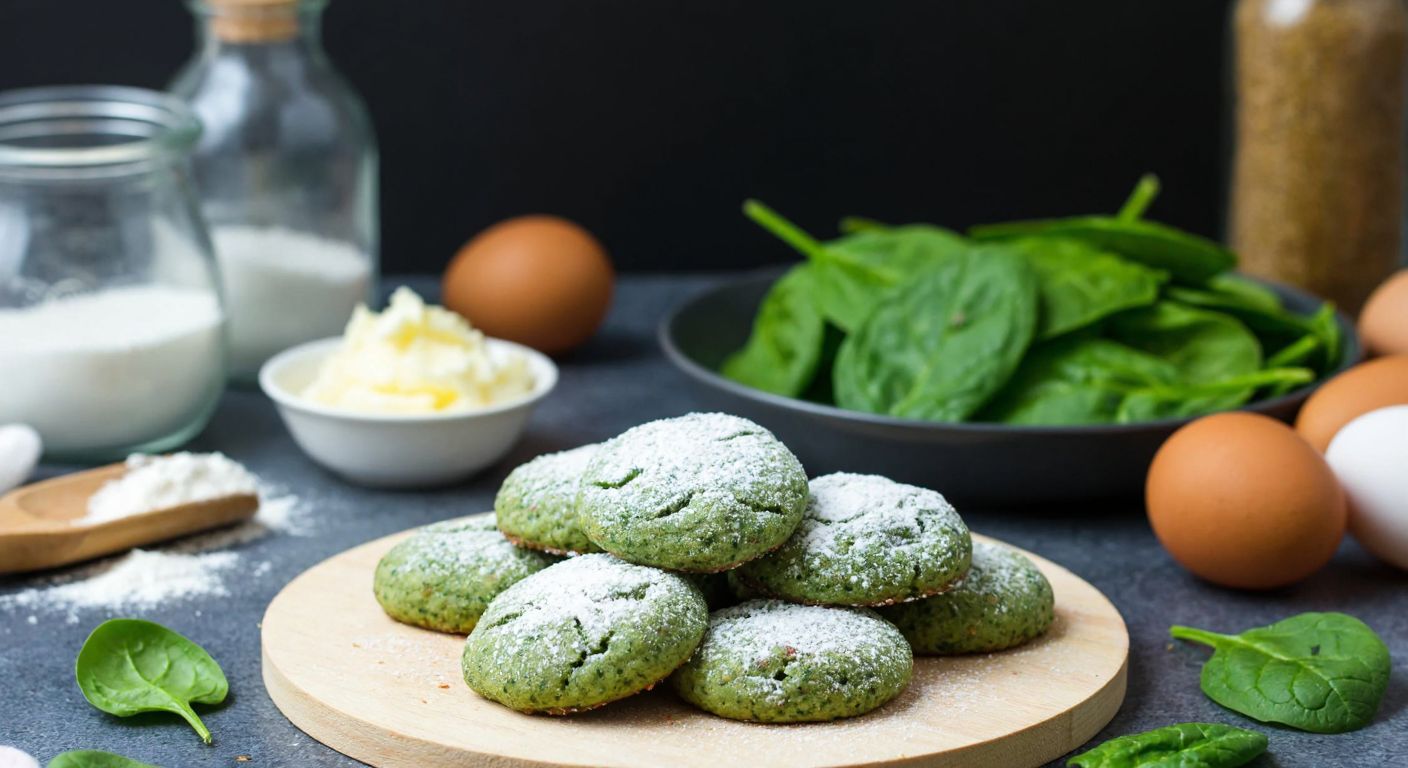 A rustic Turkish kitchen counter displays vibrant green spinach cookies dusted with powdered sugar, alongside a bowl of fresh spinach leaves and scattered baking ingredients like flour, butter, and eggs.