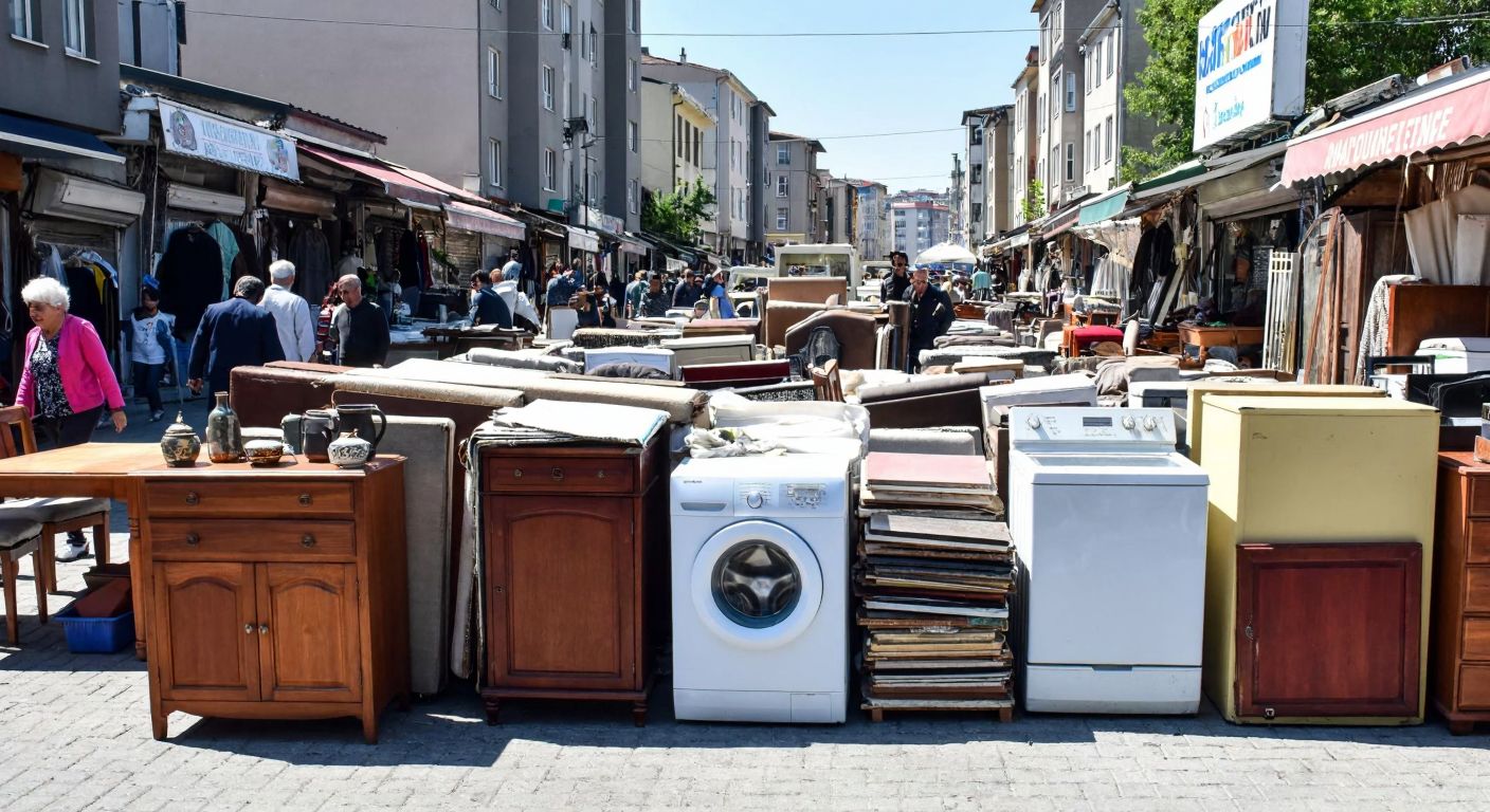 A bustling outdoor flea market in Istanbul with rows of second-hand goods, including a used washing machine prominently displayed among stacks of old furniture and household items, under a bright sun with vendors and shoppers haggling.