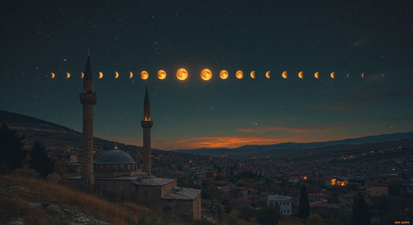 A dark, starry night sky over a Turkish landscape, with a silhouetted minaret in the foreground and a rare alignment of glowing planets stretching across the horizon.