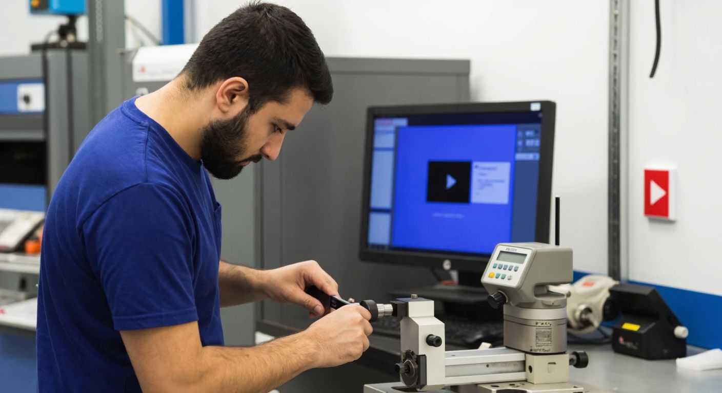 A focused Turkish technician in a workshop adjusts a Mitutoyo measuring tool with precision, surrounded by industrial equipment and a computer screen displaying a YouTube tutorial.
