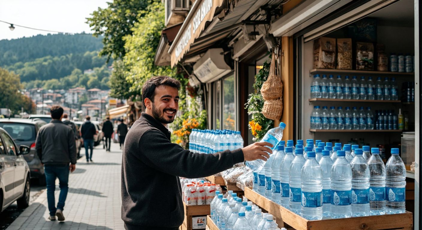 A bustling street in Beykoz with a small shop displaying rows of bottled Çubuklu water, a smiling shopkeeper handing a bottle to a customer, and the green hills of Istanbul in the background.