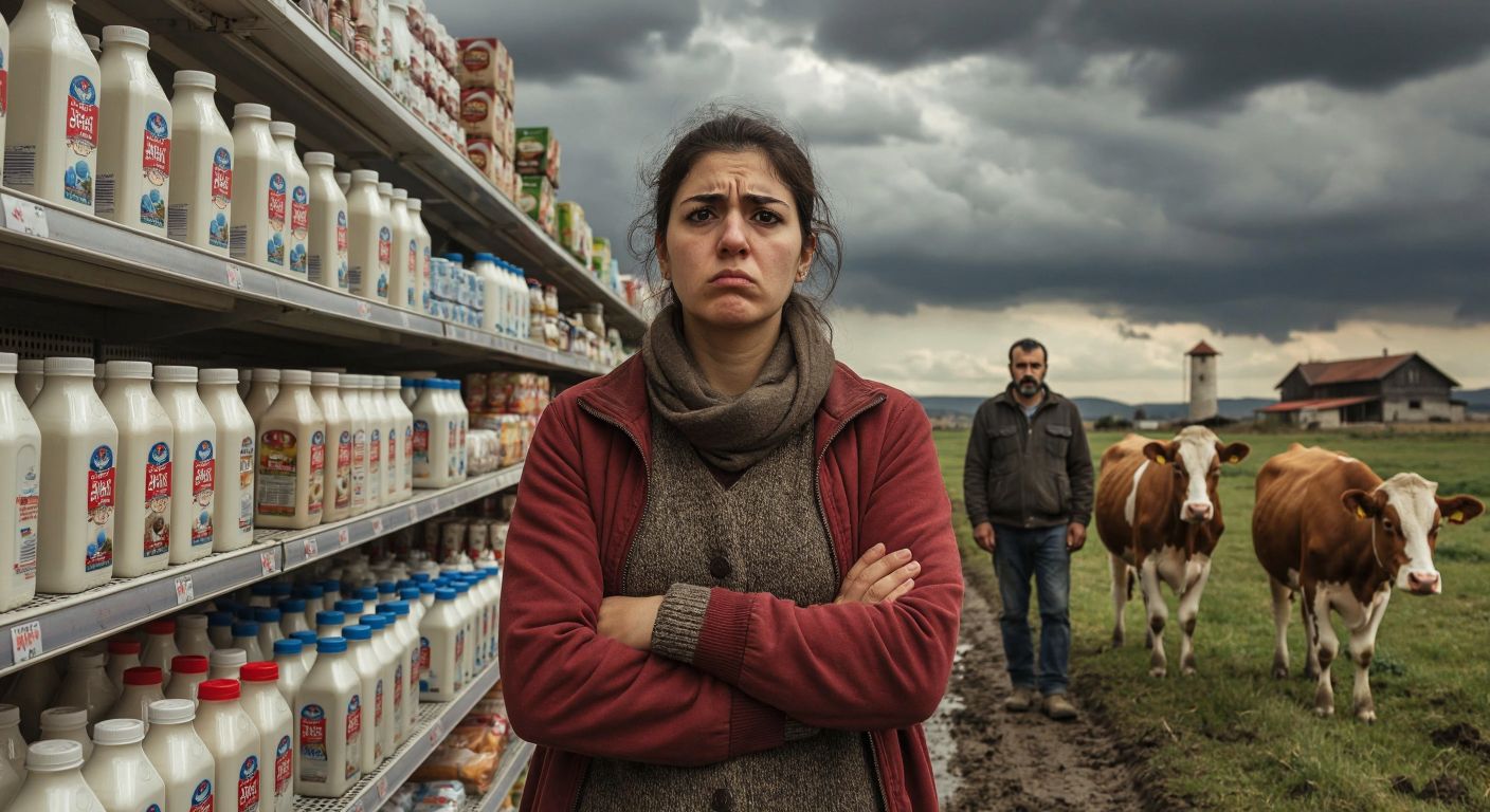 A Turkish shopper frowning at a supermarket shelf filled with milk cartons, while a farmer in the background tends to cows under a cloudy sky, reflecting economic strain.