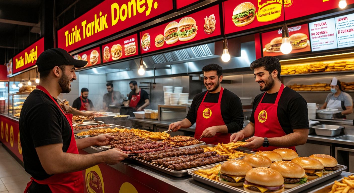 A bustling Turkish fast-food restaurant with vibrant red and yellow branding, filled with trays of sizzling döner kebabs, crispy pide, and juicy burgers, as cheerful staff in branded uniforms serve customers under warm lighting.