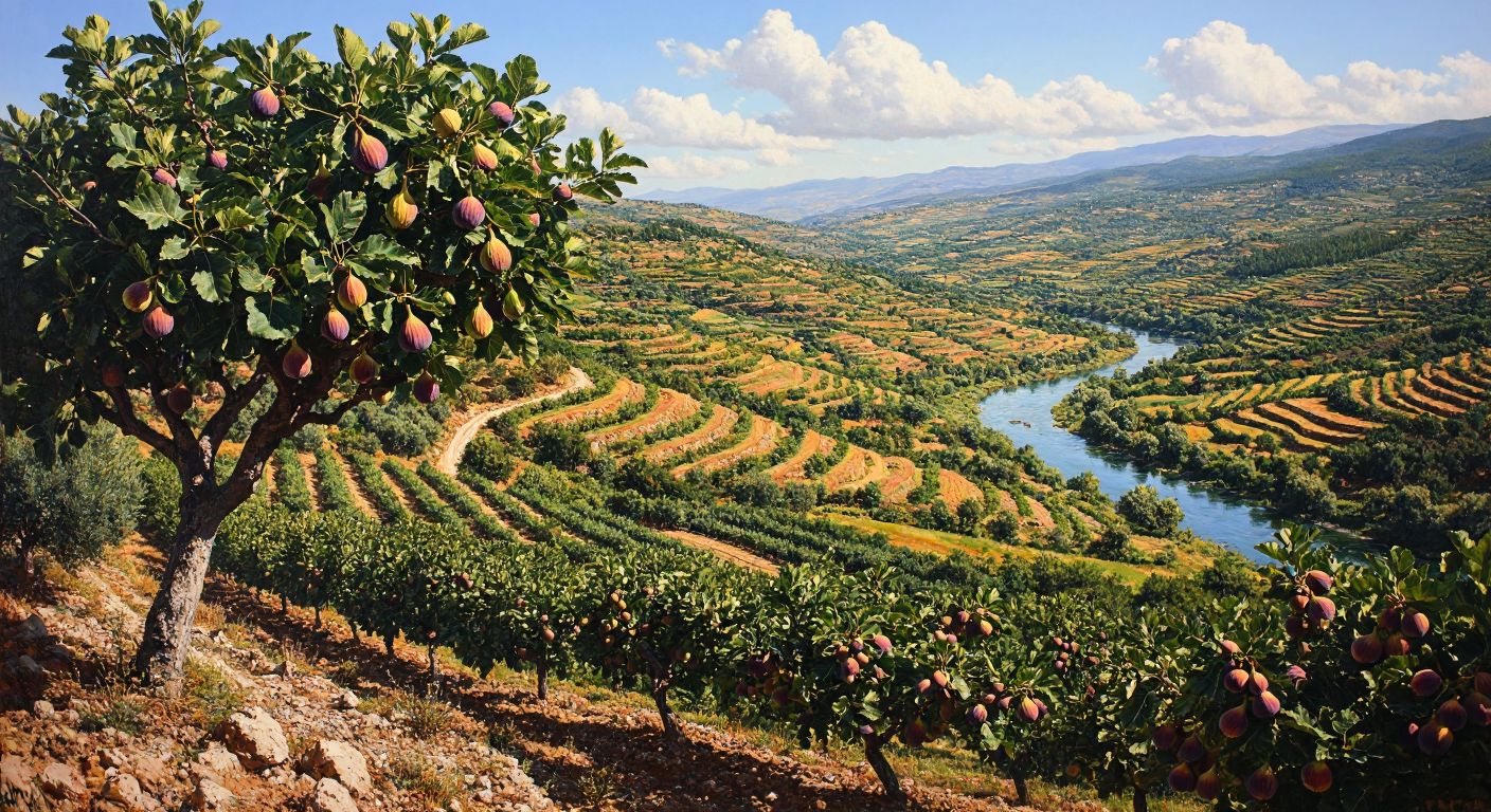A sun-drenched Mediterranean landscape with fertile valleys in Turkey's Aegean region, where lush fig trees heavy with ripe **Rdb incir** fruits stand amid terraced fields near the winding Menderes River.