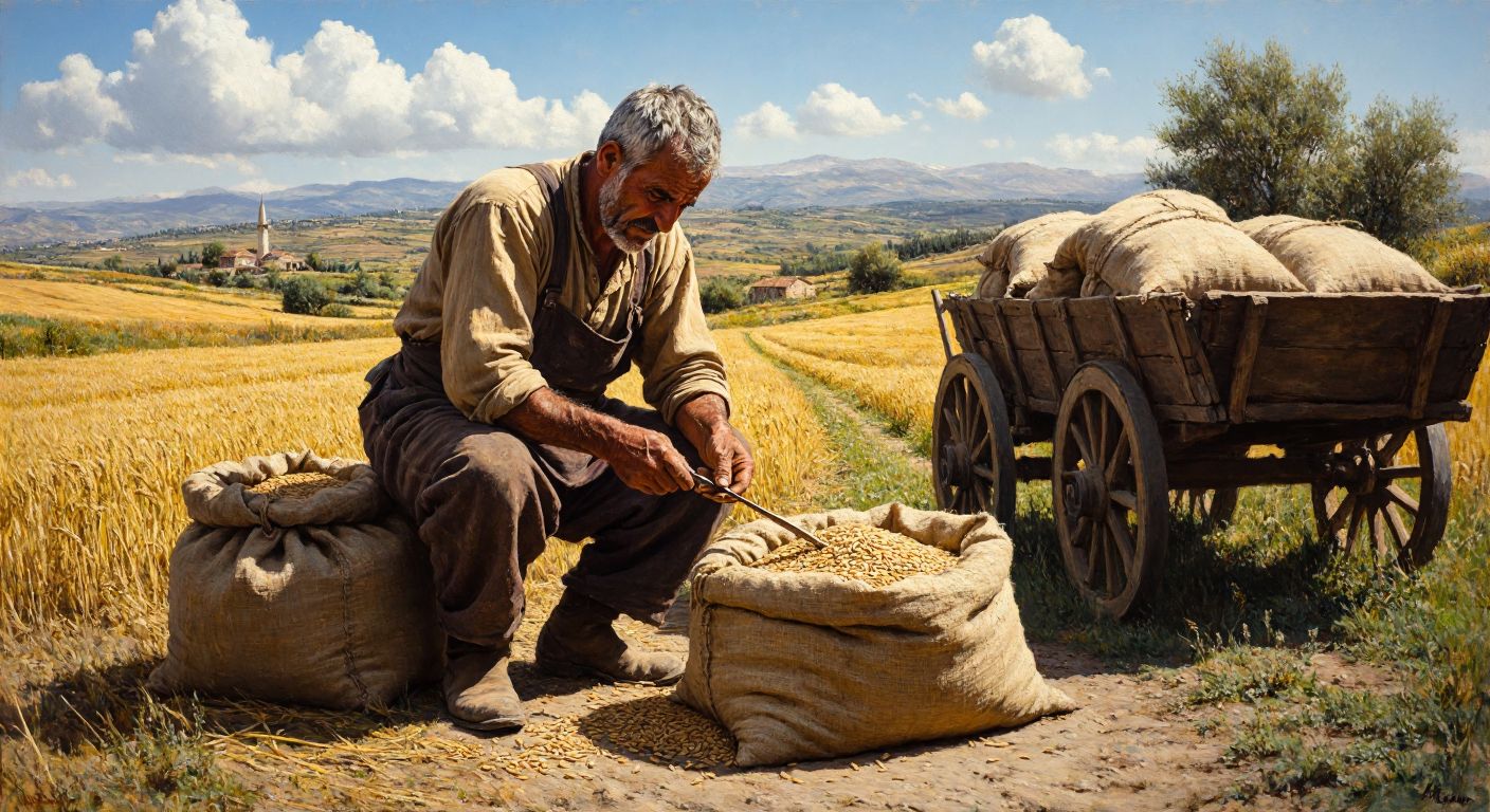 A weathered farmer in a sunlit Turkish field carefully stitches a burlap sack full of grain with a large, curved needle while another sack leans against a wooden cart nearby.
