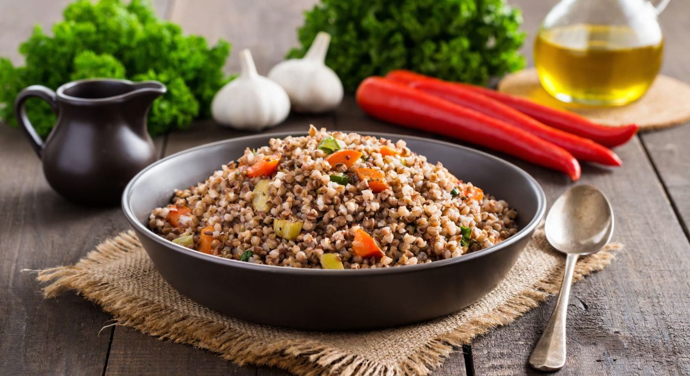 A steaming bowl of nutty-brown buckwheat pilaf sits on a rustic wooden table, surrounded by fresh vegetables and a small pitcher of olive oil, evoking a wholesome Turkish meal.