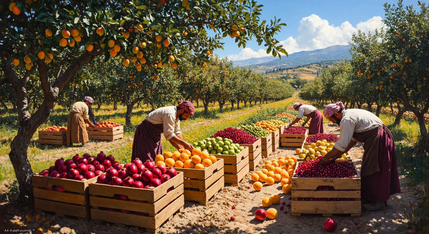 A sunlit Turkish orchard with workers in traditional harvest attire carefully picking ripe apricots, pistachios, pomegranates, and apples, while wooden crates filled with the vibrant fruits stand ready for export.