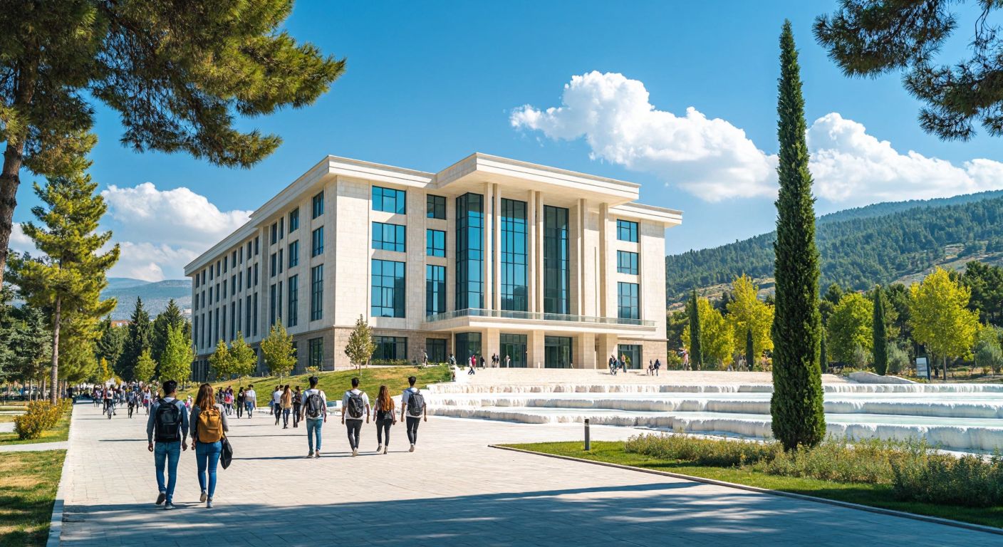 A modern university campus in Denizli with students walking past a grand administrative building under a bright blue sky, surrounded by lush green trees and the distant white terraces of Pamukkale.