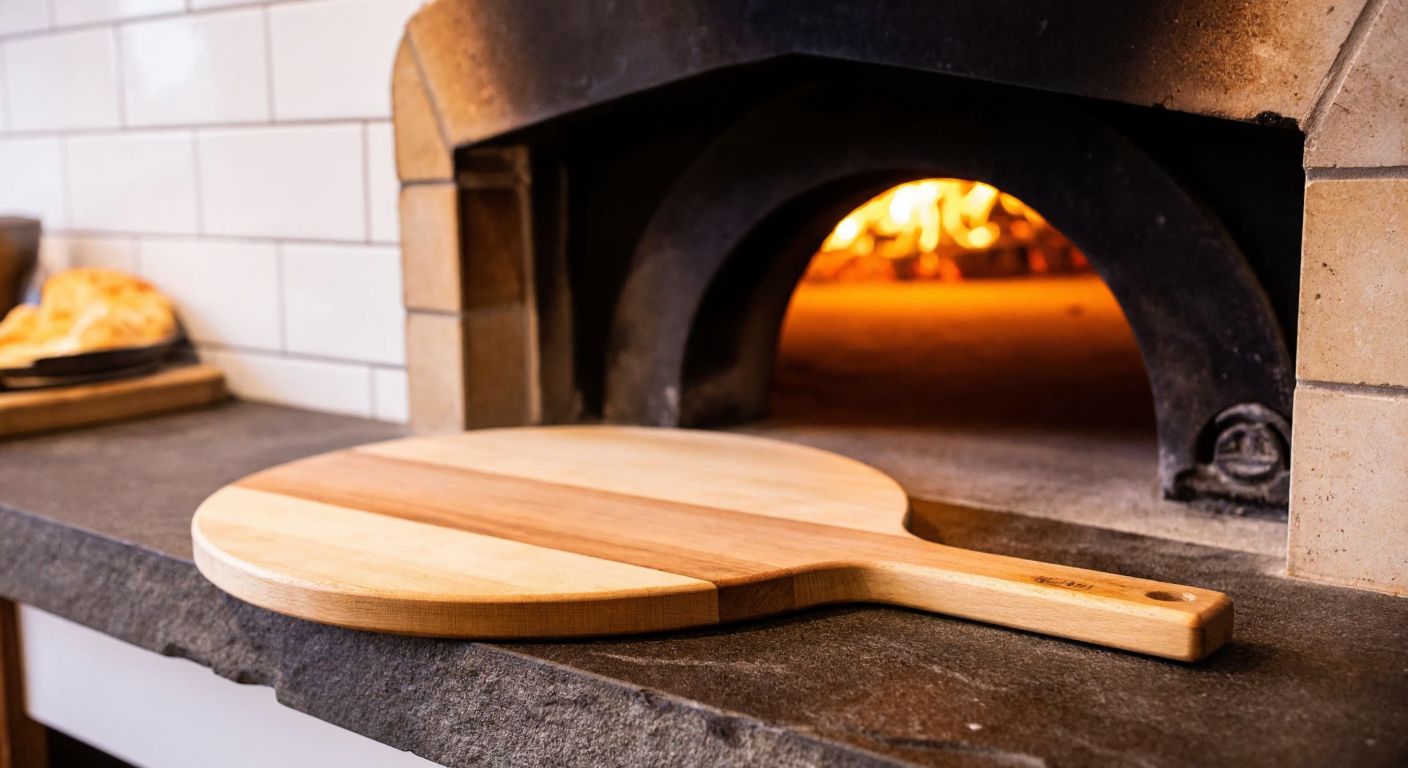 A wooden pizza peel resting on a rustic stone countertop next to a traditional Turkish wood-fired oven, with a warm golden glow emanating from inside.