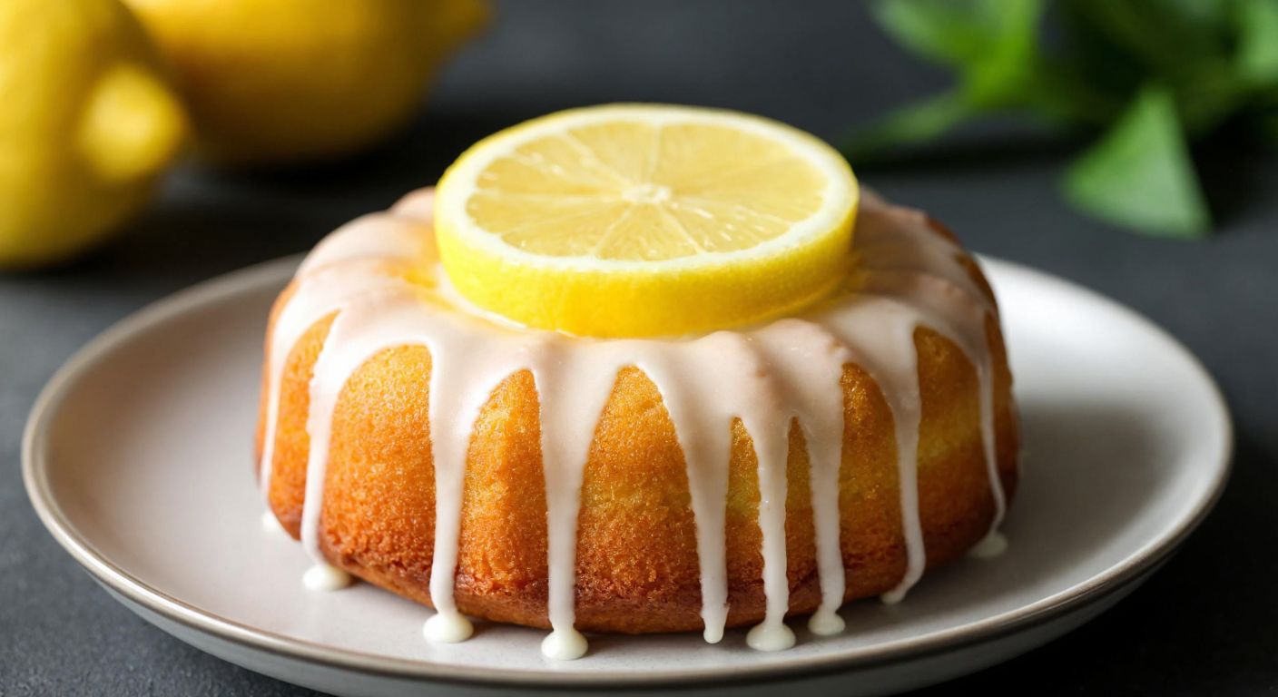 A bright yellow lemon slice resting atop a fluffy, golden-brown mini cake with a creamy white drizzle, evoking a refreshing and light citrus aroma in a sunny Turkish kitchen.