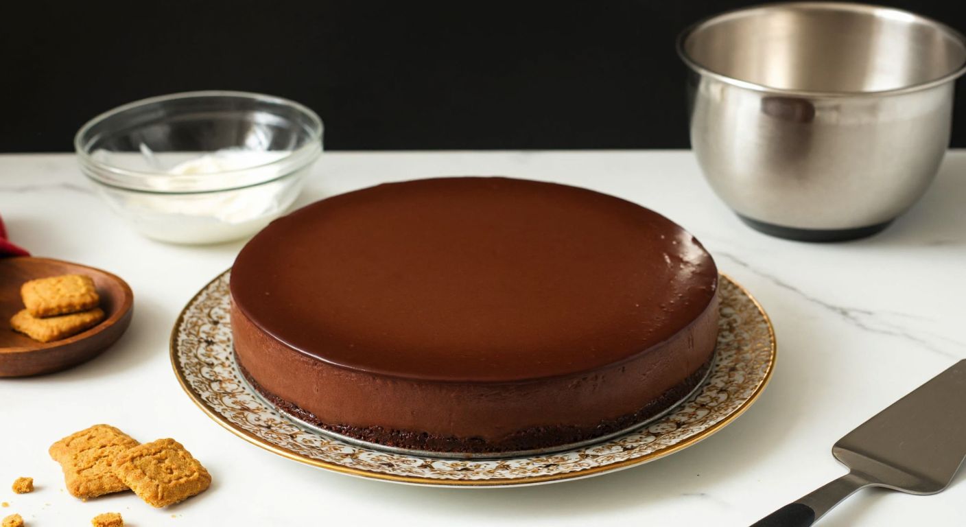 A Turkish kitchen counter with a smooth chocolate mousse cake on a decorative plate, surrounded by scattered biscuit crumbs, a mixing bowl with whipped cream, and a spatula resting nearby.