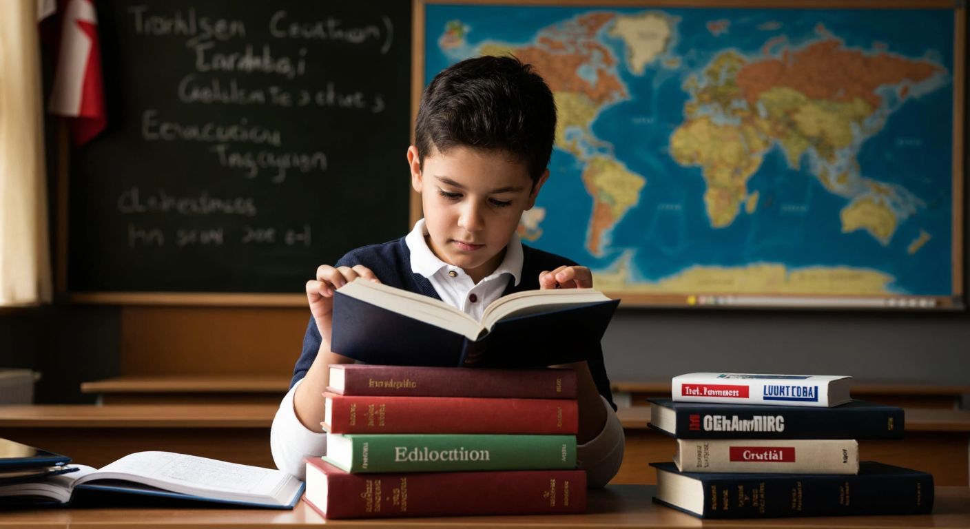 A determined young student in a Turkish classroom intently studies a stack of books labeled with subjects like history, geography, and education, surrounded by maps of Turkey and a chalkboard with erased notes.