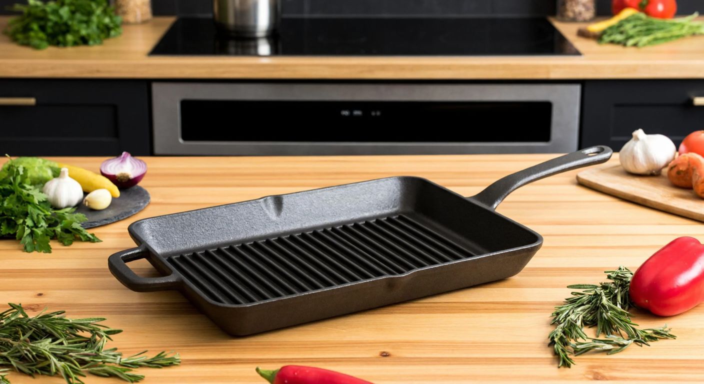 A sturdy rectangular cast iron grill pan with a metal handle, placed on a rustic wooden kitchen counter in Turkey, surrounded by fresh vegetables and herbs.
