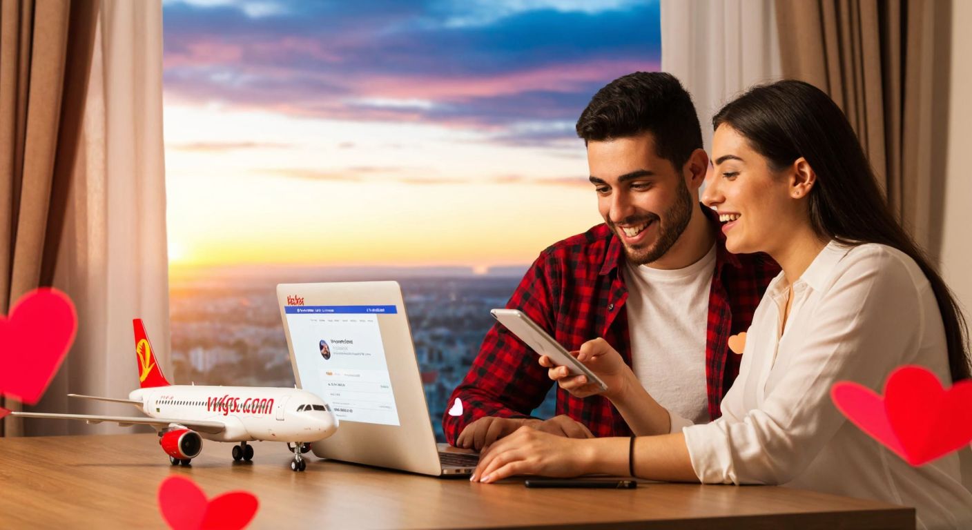 A young Turkish couple excitedly browsing flight options on a laptop, surrounded by heart-shaped decorations and a Pegasus Airlines plane model on a table, with a romantic sunset visible through the window.