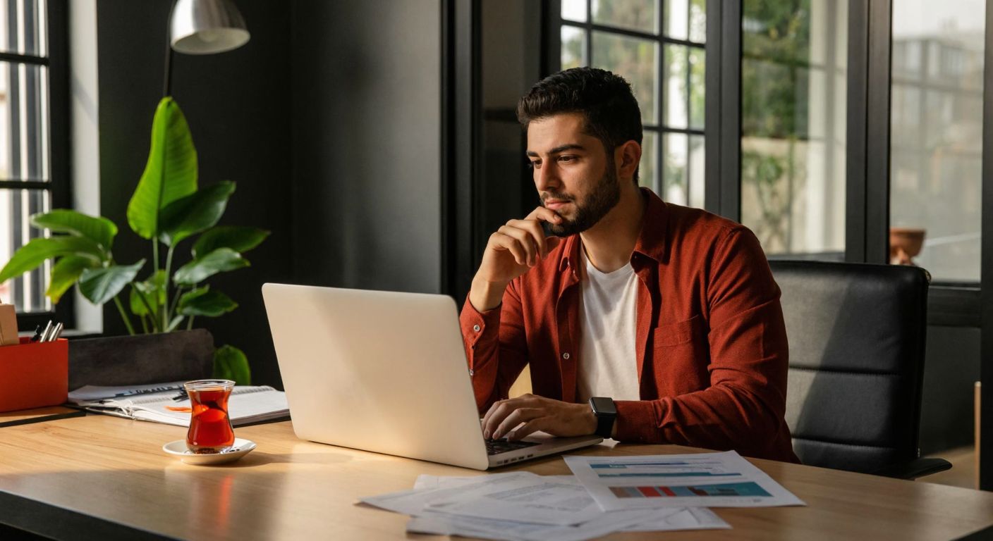 A young Turkish entrepreneur in a modern office, thoughtfully browsing Trendyol's seller portal on a laptop, surrounded by paperwork and a steaming cup of Turkish tea.