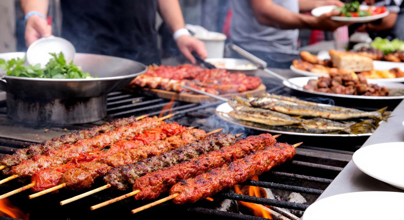 A vibrant Turkish marketplace with skewers of sizzling kebabs from Adana, Ali Nazik dishes from Gaziantep, and grilled hamsi from the Black Sea region, surrounded by eager locals and the aroma of smoky grilled meats.