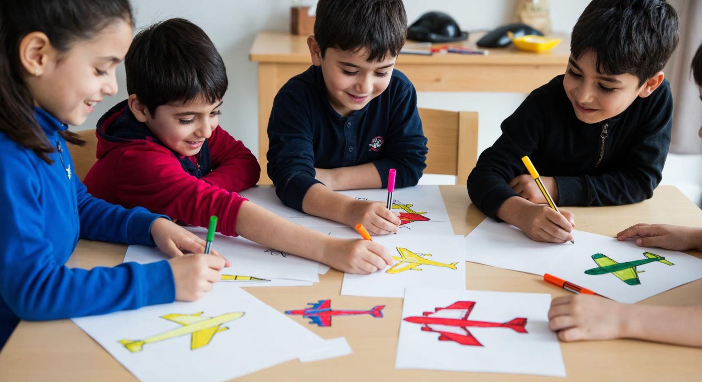 A group of smiling Turkish children sitting at a wooden table, carefully coloring paper airplane outlines with bright crayons, their hands moving with focus and joy, surrounded by scattered drawings of creatively designed airplanes in vibrant colors.