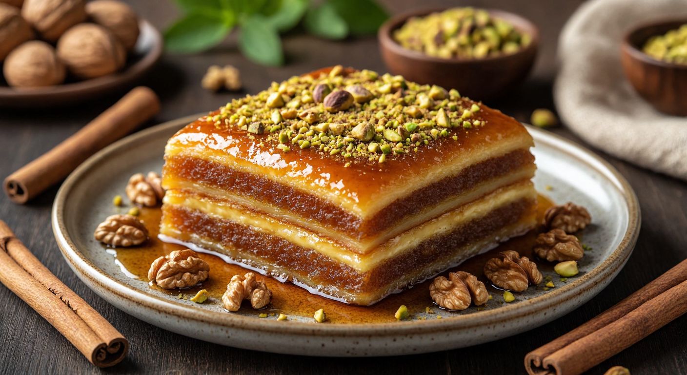 A golden-brown layered Turkish dessert (kraliçe tatlısı) sits on a ceramic plate, garnished with crushed pistachios and surrounded by scattered walnuts, cinnamon sticks, and a drizzle of syrup, evoking warmth and indulgence.
