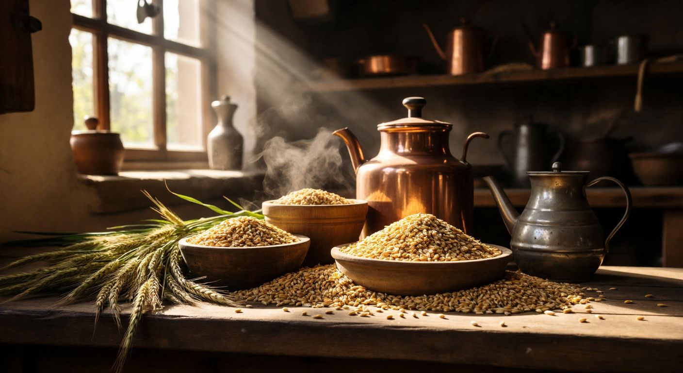 A rustic wooden table in a sunlit Turkish brewery holds scattered golden malt grains, a traditional stone mill, and freshly sprouted barley, with a warm copper brewing kettle in the background.