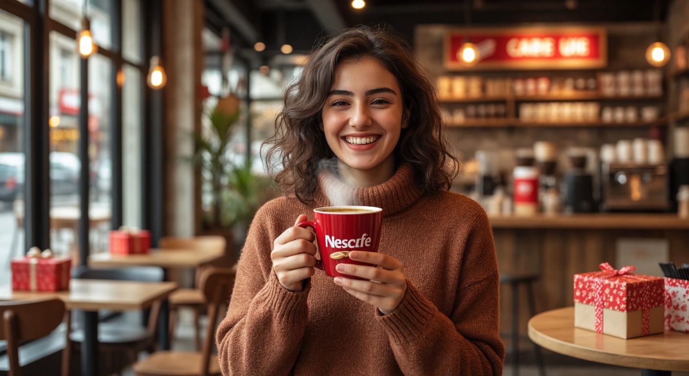 A smiling person in a cozy Turkish café holds a steaming cup of Nescafé 3ü1 Arada while scanning a coffee packet with their phone, surrounded by small gift boxes and a cheerful atmosphere.
