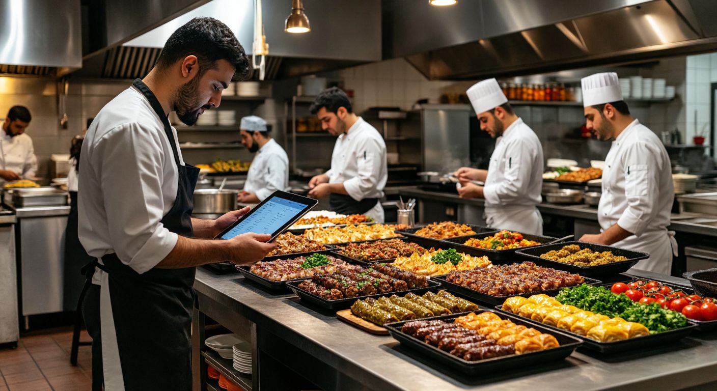 A bustling Turkish restaurant kitchen with chefs monitoring a digital tablet displaying order summaries, while a manager reviews sales charts and adjusts menu items on a vibrant display of colorful dishes like kebabs and baklava.
