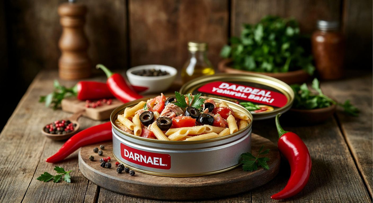 A rustic wooden table in a Turkish kitchen holds an open can of **Dardanel Aç Ye Makarnalı Ton Balığı**, with golden-brown pasta, flaky tuna, diced tomatoes, black olives, and a drizzle of olive oil spilling out, surrounded by fresh red peppers and a sprinkle of herbs.