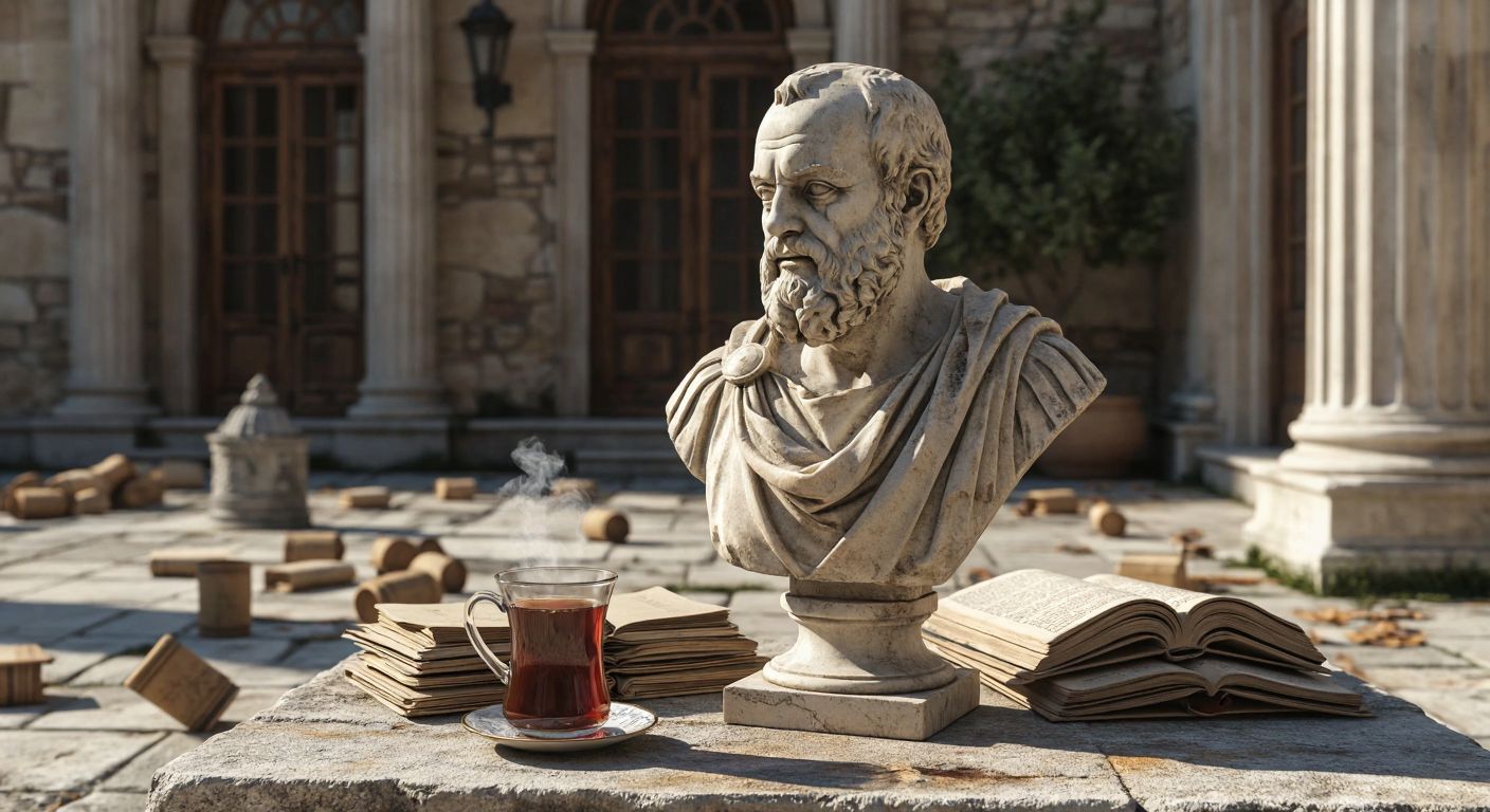 A weathered stone bust of Socrates stands in a sunlit Turkish courtyard, surrounded by scattered ancient scrolls and a steaming cup of Turkish tea, evoking deep contemplation.