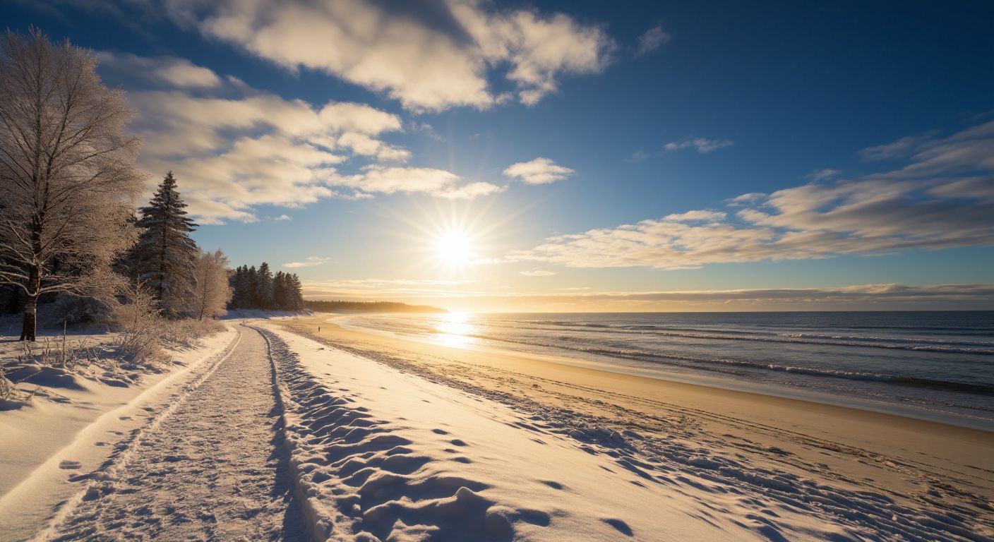 A glowing sun directly above a southern latitude line, with a snowy winter landscape in the northern hemisphere and a sunny beach scene in the southern hemisphere.