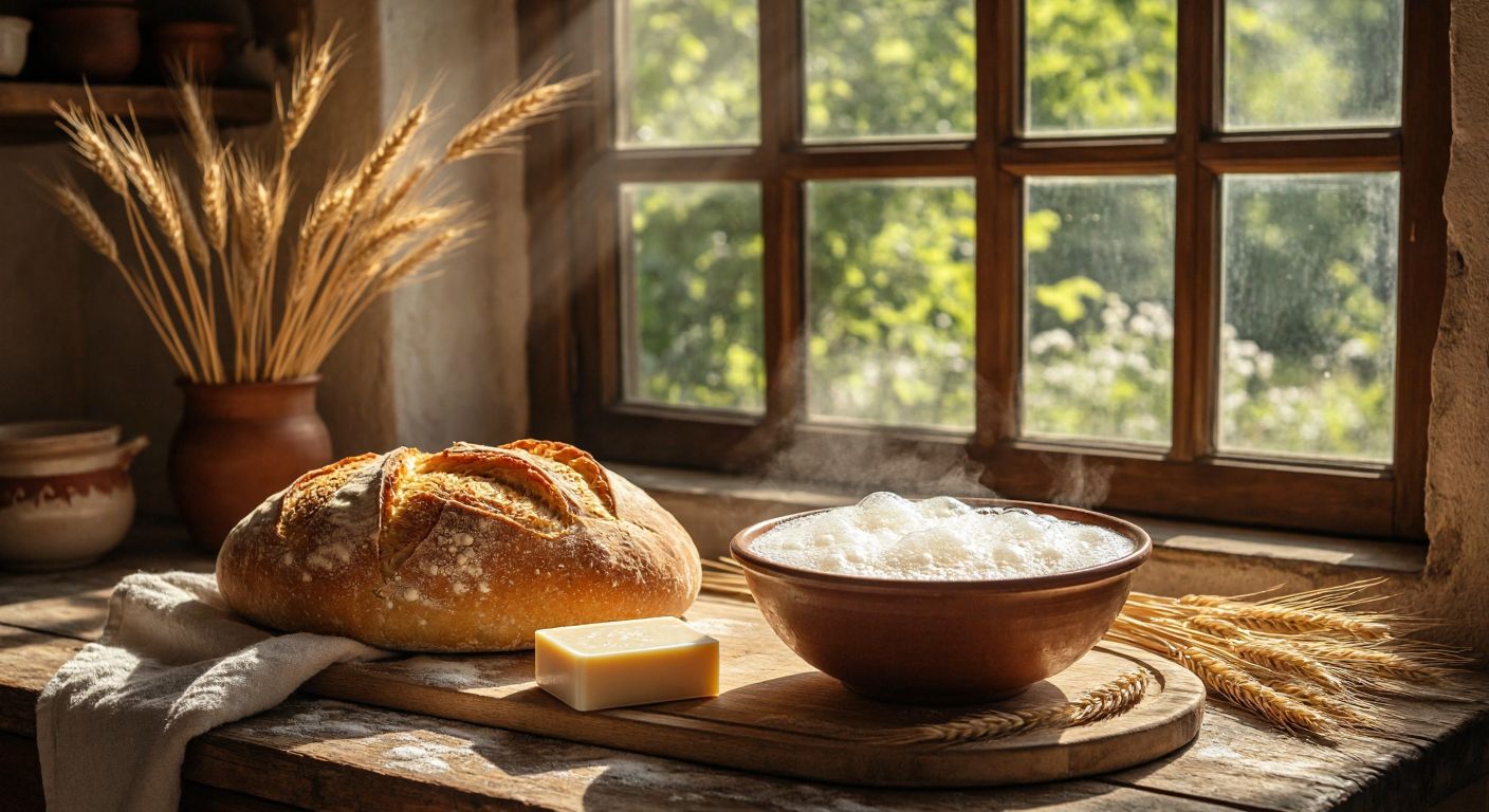 A rustic wooden table in a Turkish kitchen holds a golden loaf of siyez bread next to a bowl of bubbling shampoo, with sunlight streaming through a window onto fresh wheat stalks and a bar of soap.